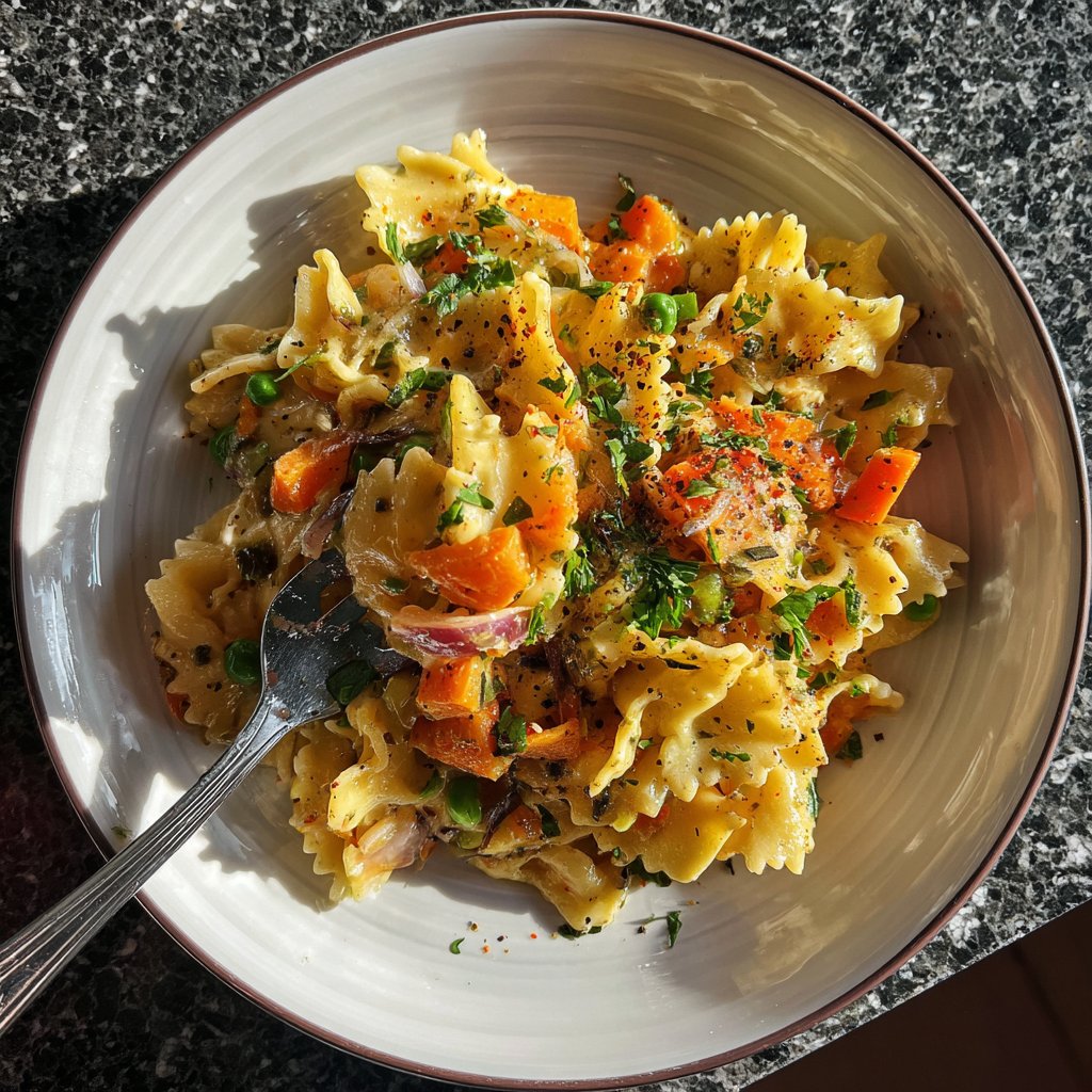 Mittagessen mit Nudeln und Gemüse